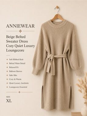 Anniewear Beige Belted Sweater Dress Cozy Quiet Luxury Loungecore XL